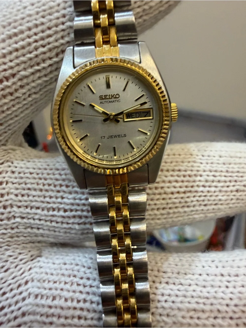 Vtg Seiko 4206-0519 Ladies Automatic Watch Two Tone Jubilee Day Date 17J Run